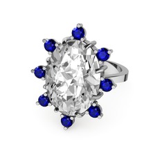 Swarovski ve lab safir 14 ayar beyaz altın yüzük