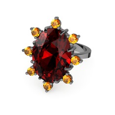 Padma Yüzük - Garnet ve sitrin 925 ayar siyah rodyum kaplama gümüş yüzük #125jaig
