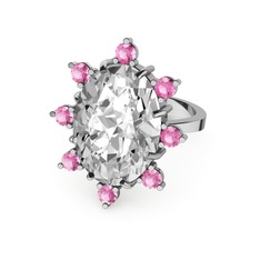 Swarovski ve pembe kuvars 14 ayar beyaz altın yüzük