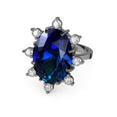 Padma Yüzük - Lab safir ve swarovski 925 ayar siyah rodyum kaplama gümüş yüzük #14fqmif