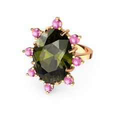 Peridot ve pembe kuvars 14 ayar rose altın yüzük