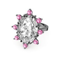 Swarovski ve pembe kuvars 925 ayar siyah rodyum kaplama gümüş yüzük