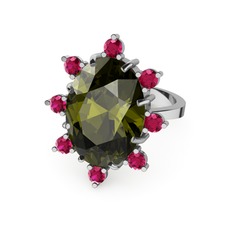 Peridot ve rodolit garnet 14 ayar beyaz altın yüzük