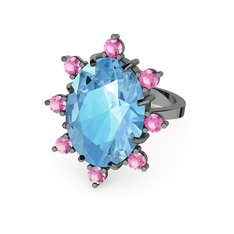 Padma Yüzük - Akuamarin ve pembe kuvars 925 ayar siyah rodyum kaplama gümüş yüzük #1wt3efs