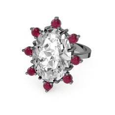 Padma Yüzük - Beyaz zirkon ve kök yakut 925 ayar siyah rodyum kaplama gümüş yüzük #1x02j9c