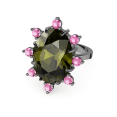 Peridot ve pembe kuvars 925 ayar siyah rodyum kaplama gümüş yüzük