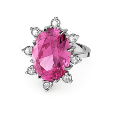 Padma Yüzük - Pembe kuvars ve beyaz zirkon 8 ayar beyaz altın yüzük #2dfkpg