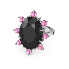 Siyah zirkon ve pembe kuvars 8 ayar beyaz altın yüzük