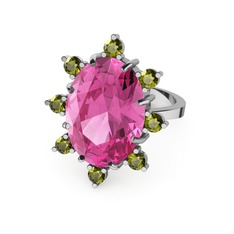 Padma Yüzük - Pembe kuvars ve peridot 18 ayar beyaz altın yüzük #5yysrx