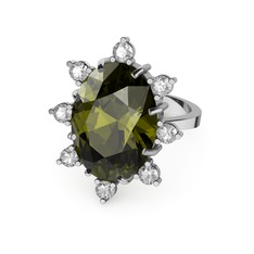 Peridot ve beyaz zirkon 8 ayar beyaz altın yüzük