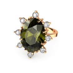 Peridot ve beyaz zirkon 14 ayar rose altın yüzük