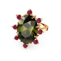 Peridot ve kök yakut 14 ayar rose altın yüzük