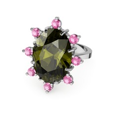 Peridot ve pembe kuvars 14 ayar beyaz altın yüzük