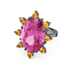 Padma Yüzük - Pembe kuvars ve sitrin 925 ayar siyah rodyum kaplama gümüş yüzük #g47gvv