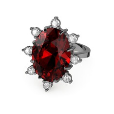 Padma Yüzük - Garnet ve swarovski 925 ayar siyah rodyum kaplama gümüş yüzük #i8dmfq