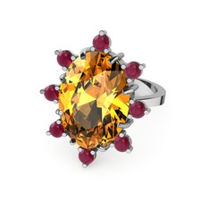 Padma Yüzük - Sitrin ve kök yakut 8 ayar beyaz altın yüzük #n88dq7