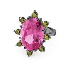 Padma Yüzük - Pembe kuvars ve peridot 925 ayar siyah rodyum kaplama gümüş yüzük #p6nvu2