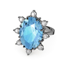 Padma Yüzük - Akuamarin ve swarovski 925 ayar siyah rodyum kaplama gümüş yüzük #w0dtit