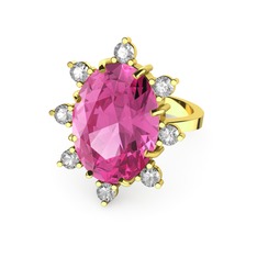 Pembe kuvars ve beyaz zirkon 18 ayar altın yüzük