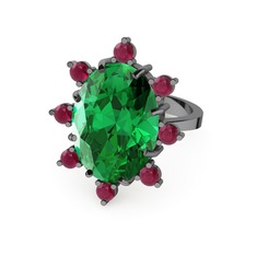 Padma Yüzük - Yeşil kuvars ve kök yakut 925 ayar siyah rodyum kaplama gümüş yüzük #zk1sy4