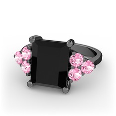 Areli Dikdörtgen Yüzük - Siyah zirkon ve pembe kuvars 925 ayar siyah rodyum kaplama gümüş yüzük #12ugzaz