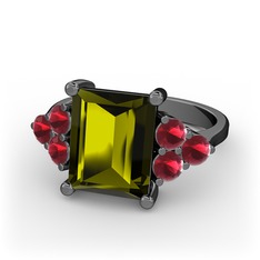 Areli Dikdörtgen Yüzük - Peridot ve kök yakut 925 ayar siyah rodyum kaplama gümüş yüzük #16ng3th