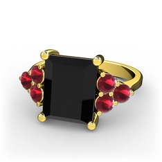 Areli Dikdörtgen Yüzük - Siyah zirkon ve kök yakut 18 ayar altın yüzük #17l1dkp