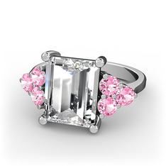 Areli Dikdörtgen Yüzük - Swarovski ve pembe kuvars 18 ayar beyaz altın yüzük #18c21zz