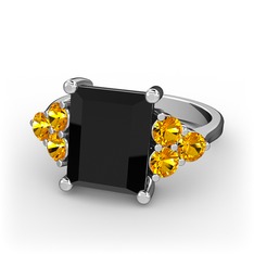 Siyah zirkon ve sitrin 14 ayar beyaz altın yüzük