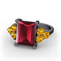 Areli Dikdörtgen Yüzük - Kök yakut ve sitrin 925 ayar siyah rodyum kaplama gümüş yüzük #1as833j