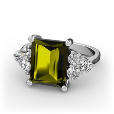 Peridot ve pırlanta 8 ayar beyaz altın yüzük (0.48 karat)