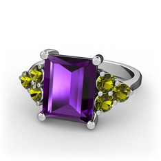 Ametist ve peridot 14 ayar beyaz altın yüzük