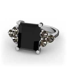 Areli Dikdörtgen Yüzük - Siyah zirkon ve dumanlı kuvars 8 ayar beyaz altın yüzük #1nxfdtc