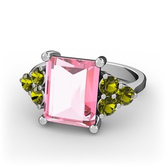 Areli Dikdörtgen Yüzük - Pembe kuvars ve peridot 14 ayar beyaz altın yüzük #1nzi2nf