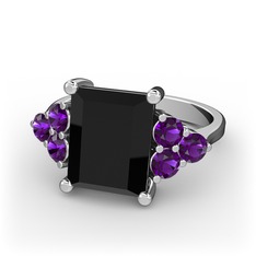 Areli Dikdörtgen Yüzük - Siyah zirkon ve ametist 14 ayar beyaz altın yüzük #1qtes2o