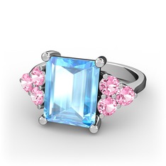Akuamarin ve pembe kuvars 14 ayar beyaz altın yüzük