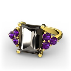 Areli Dikdörtgen Yüzük - Dumanlı kuvars ve ametist 8 ayar altın yüzük #1vvndg5