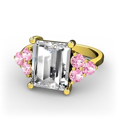 Areli Dikdörtgen Yüzük - Swarovski ve pembe kuvars 14 ayar altın yüzük #1wgfxht