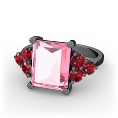 Areli Dikdörtgen Yüzük - Pembe kuvars ve garnet 925 ayar siyah rodyum kaplama gümüş yüzük #1xrlzli