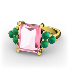 Areli Dikdörtgen Yüzük - Pembe kuvars ve kök zümrüt 14 ayar altın yüzük #5ylqrl