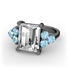 Areli Dikdörtgen Yüzük - Swarovski ve akuamarin 925 ayar siyah rodyum kaplama gümüş yüzük #6usrty