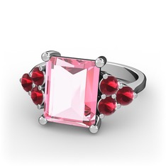 Areli Dikdörtgen Yüzük - Pembe kuvars ve kök yakut 8 ayar beyaz altın yüzük #8k1vy