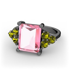 Areli Dikdörtgen Yüzük - Pembe kuvars ve peridot 925 ayar siyah rodyum kaplama gümüş yüzük #bg9qzx