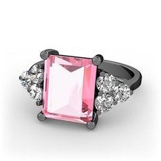 Pembe kuvars ve pırlanta 925 ayar siyah rodyum kaplama gümüş yüzük (0.48 karat)