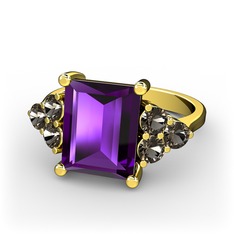 Areli Dikdörtgen Yüzük - Ametist ve dumanlı kuvars 14 ayar altın yüzük #hkh8v1