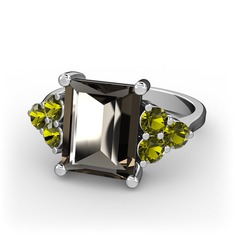 Dumanlı kuvars ve peridot 14 ayar beyaz altın yüzük