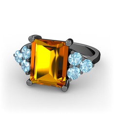 Areli Dikdörtgen Yüzük - Sitrin ve akuamarin 925 ayar siyah rodyum kaplama gümüş yüzük #wlbm6o