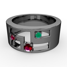 Valeda Alyans - Rodolit garnet ve kök zümrüt 925 ayar siyah rodyum kaplama gümüş yüzük #1020fbx