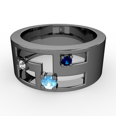 Akuamarin, swarovski ve lab safir 925 ayar siyah rodyum kaplama gümüş yüzük