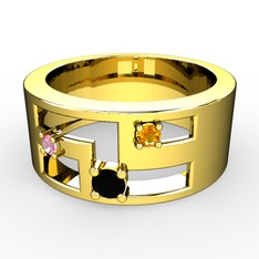 Valeda Alyans - Siyah zirkon, pembe kuvars ve sitrin 14 ayar altın yüzük #1148fhn